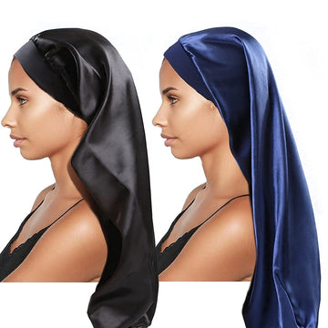 2 Pack Large Satin Sleep Cap for Black Women Soft Elastic Hair Braid Bonnet for Sleeping